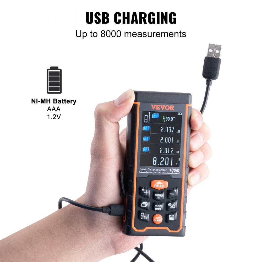 Bostome Laser Distance Measure with Colorlit LCD and 328ft range, showing sleek design and features.
