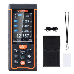 Bostome 400 ft laser distance measure with LCD display, buttons, case, and accessories.