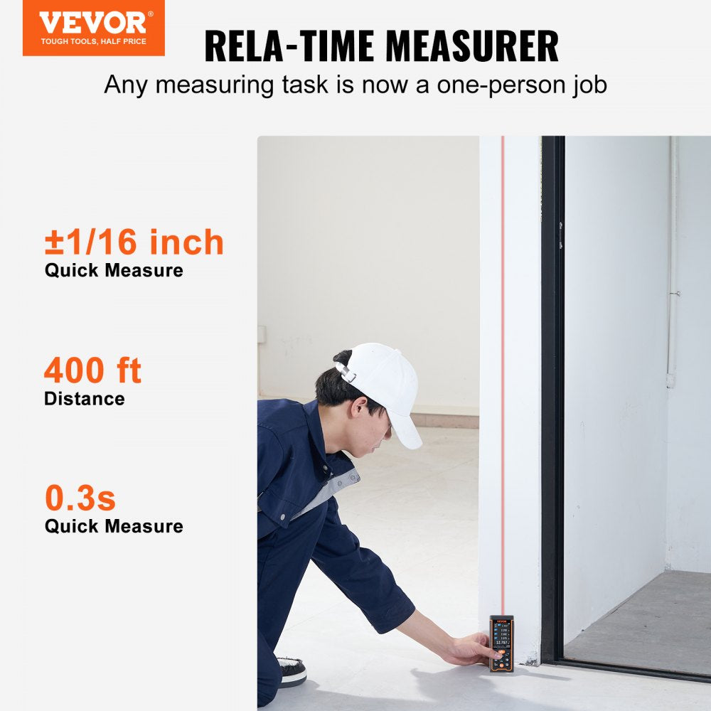 Person using Bostome 400 ft laser distance measure with 1/16-inch accuracy to project a red line on a wall.