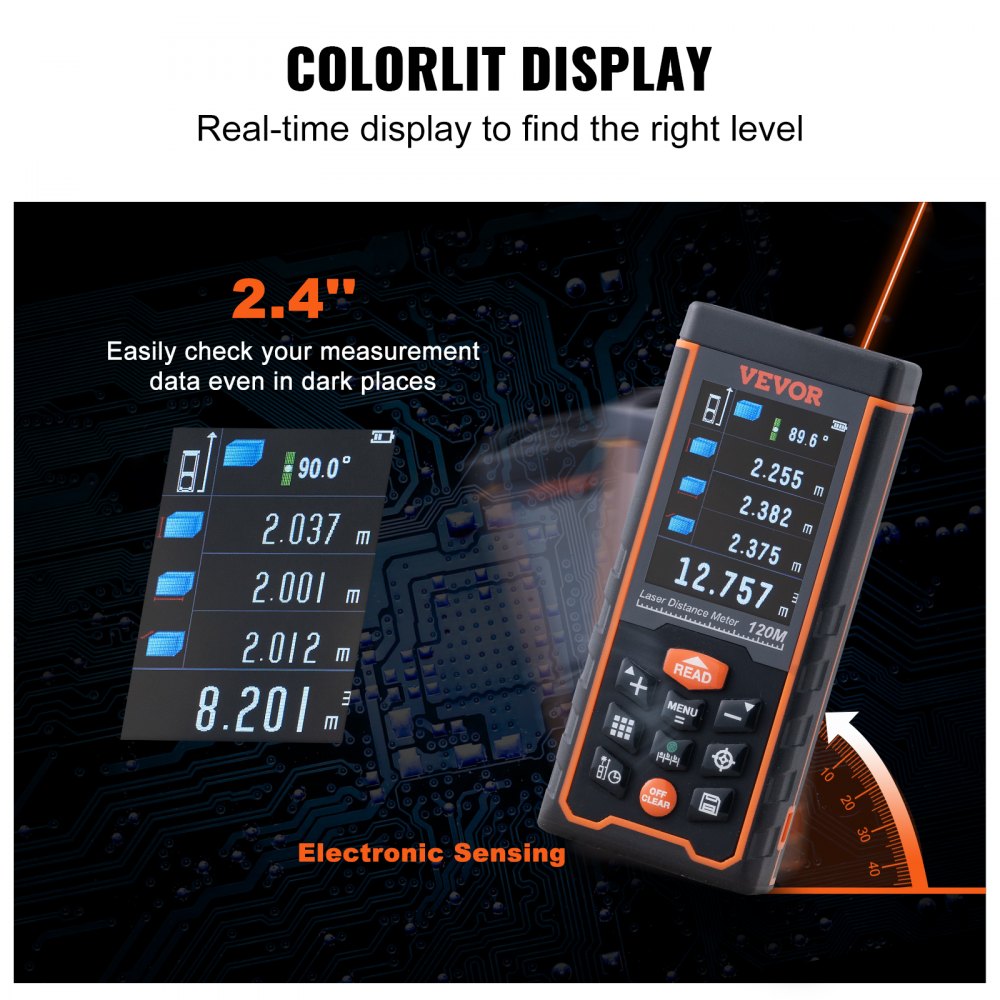 Bostome 400 ft laser distance measure with 2.4-inch color-lit display showing measurements and angle.