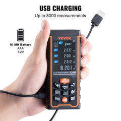 Handheld orange Bostome laser distance measure with USB charging cable and digital display.