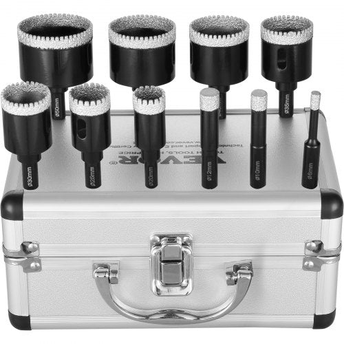 10-piece diamond core drill bit set for tile and porcelain in a lightweight aluminum toolbox.