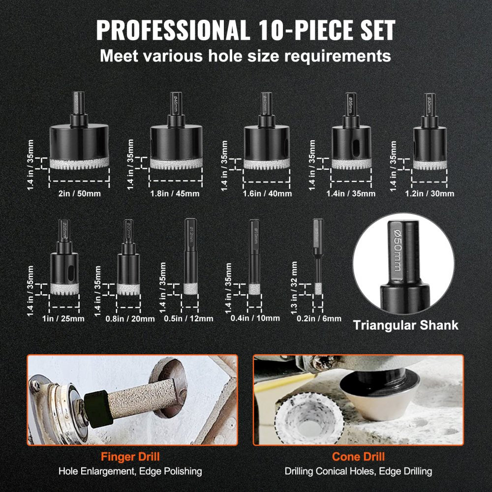 Bostome 10-PC Diamond Core Drill Bit Set with various sizes for tile and porcelain drilling.