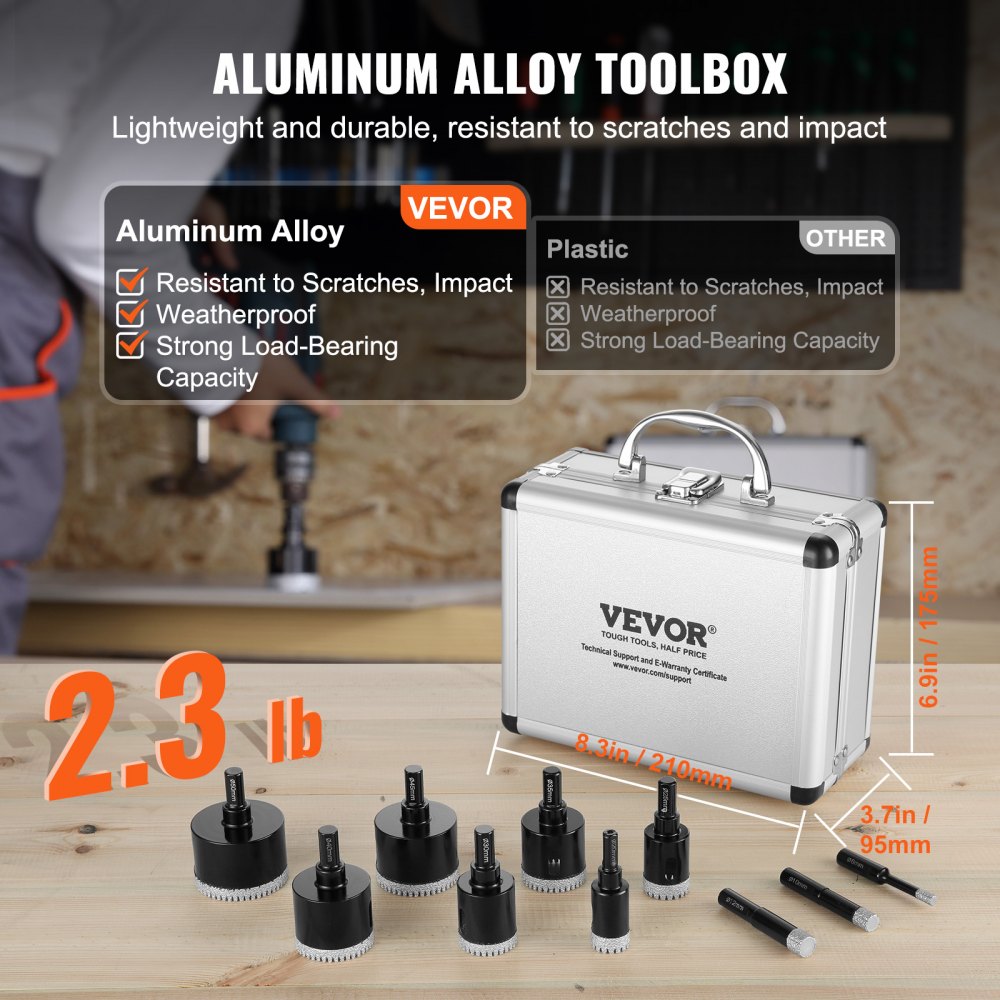 10-piece diamond core drill bit set for tile and porcelain in a lightweight aluminum toolbox.