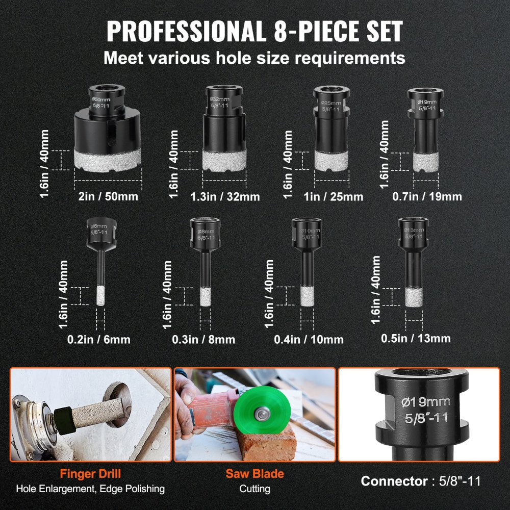 8-piece diamond core drill bit set with sizes from 6mm to 50mm for tile and stone.