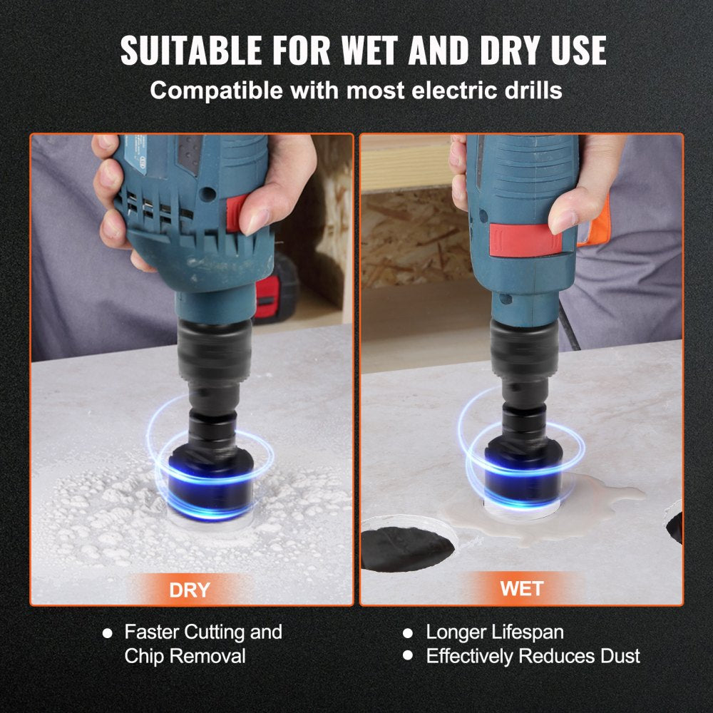 Diamond core drill bit in use with electric drill on tile, showing wet and dry cutting.