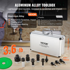 Aluminum toolbox with eight diamond core drill bits for tile and stone drilling.