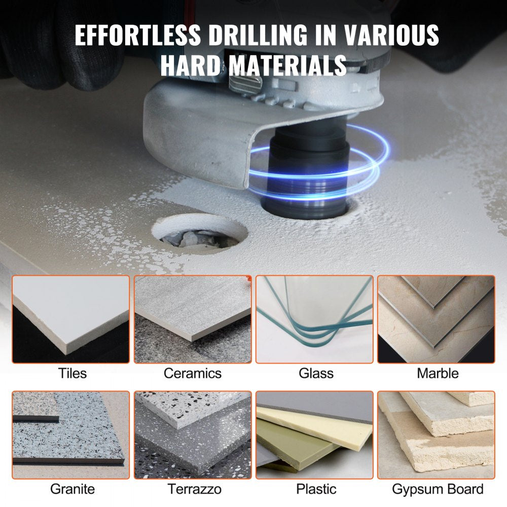 8-piece diamond core drill bit set, sizes 6-50mm, drilling holes in tile, stone, ceramic, glass, and marble.