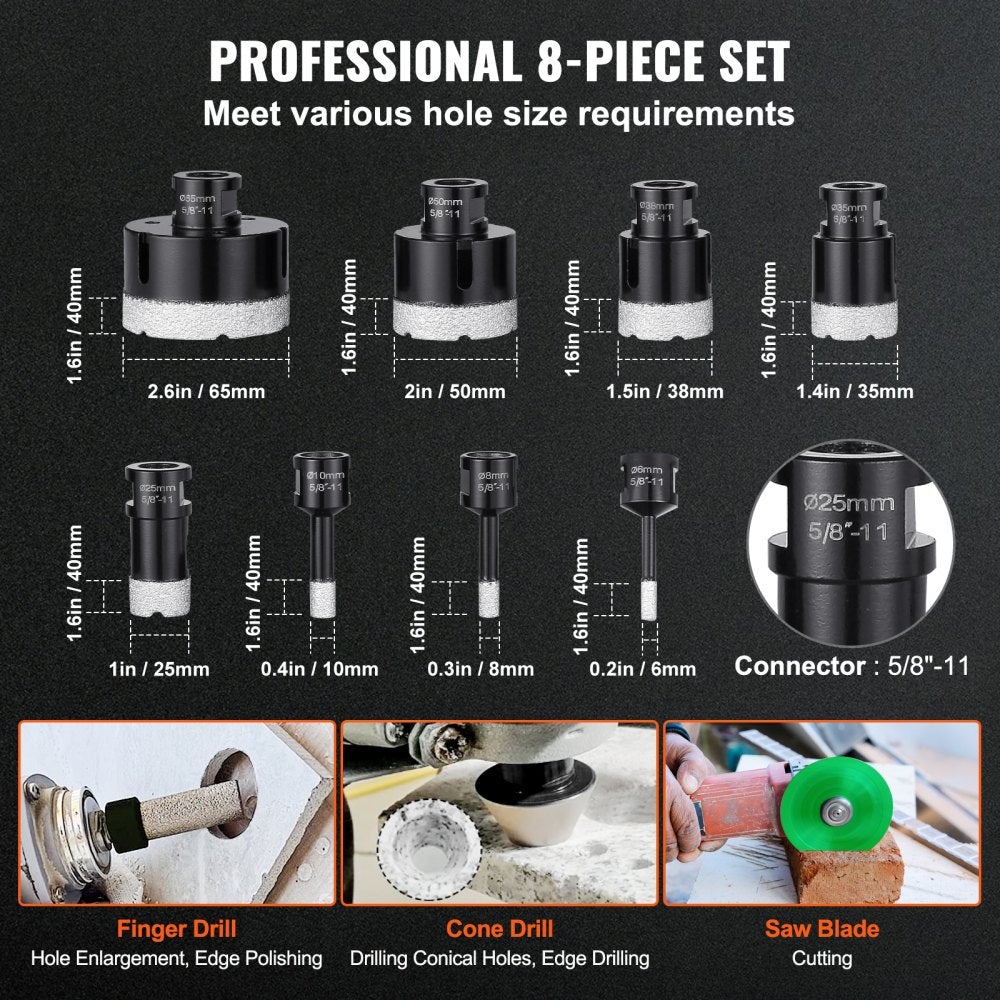 Eight-piece diamond core drill bit set with various sizes for clean tile and stone drilling.