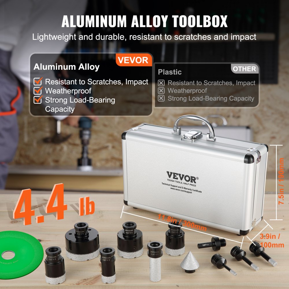 8-piece diamond core drill bit set in sizes 6-65mm for tile, stored in a silver aluminum alloy toolbox.