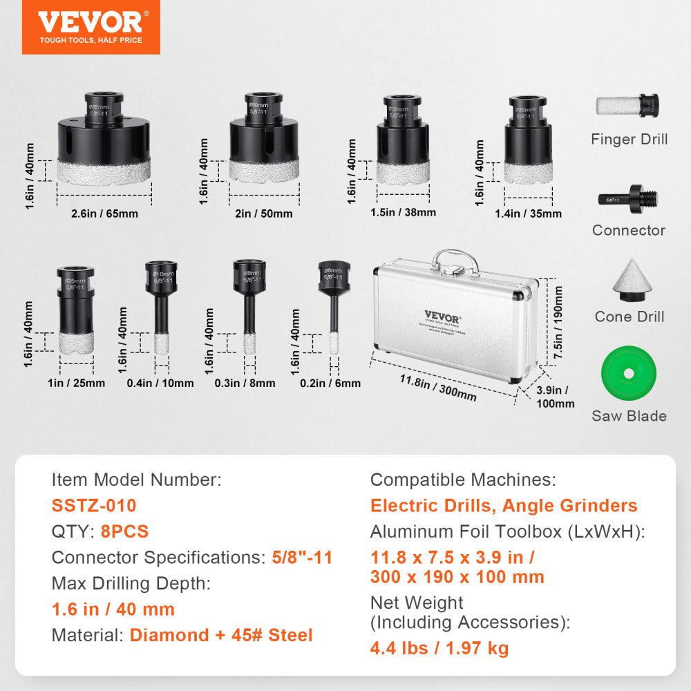 Eight-piece diamond core drill bit set with sizes 6 to 65mm and aluminum storage case.