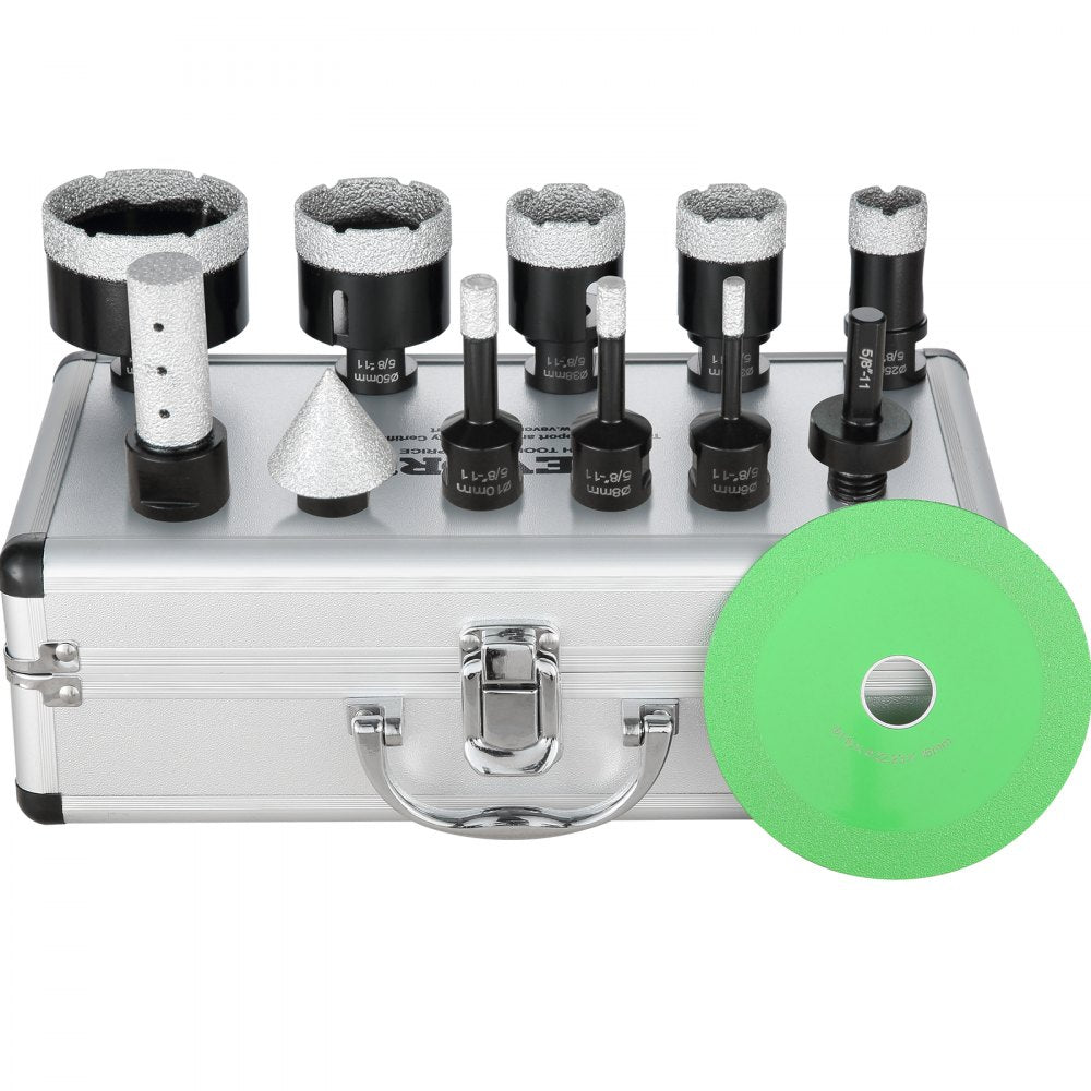 8-piece Bostome diamond core drill bit set in sizes 6-65mm, stored in a silver case with a green polishing pad.