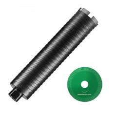 2.5-inch black diamond core drill bit with 5/8"-11 thread, 9.5-inch depth, and green pilot bit.