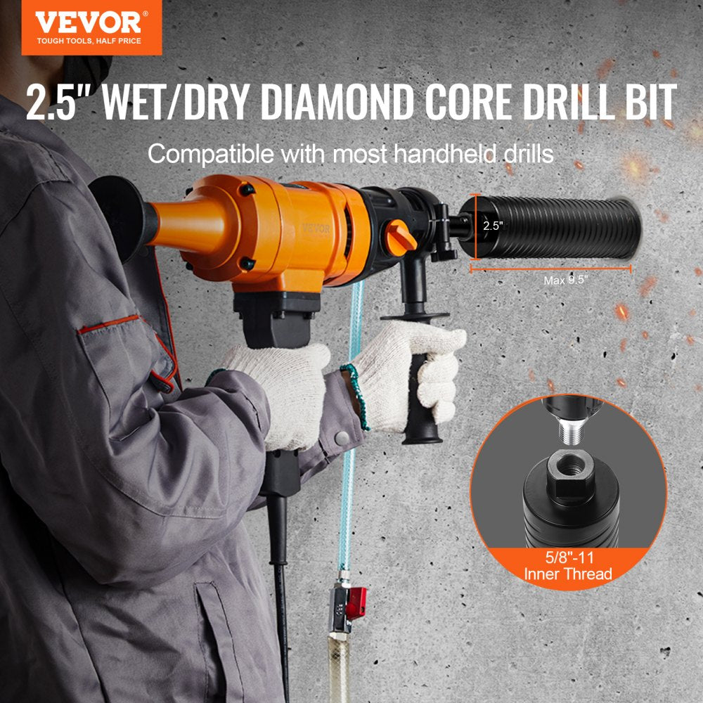 2.5-inch wet/dry diamond core drill bit with 5/8"-11 thread for concrete drilling.