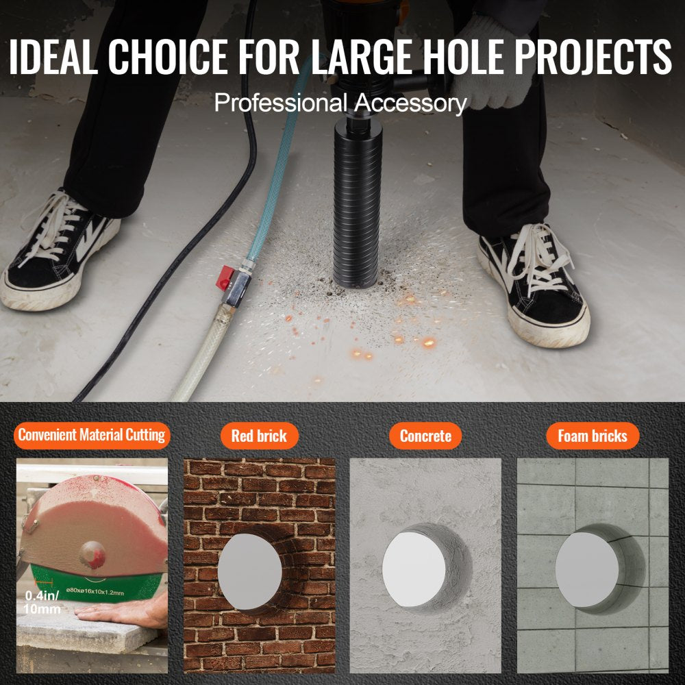 2.5-inch wet/dry diamond core drill bit for concrete with 9.5-inch depth and 5/8"-11 thread, shown drilling into red brick, concrete, and foam blocks.