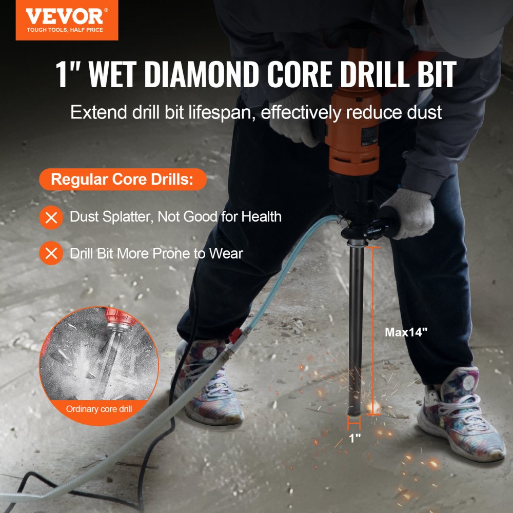 1-inch wet diamond core drill bit with 14-inch depth and 5/8-11 thread, shown in use on concrete.