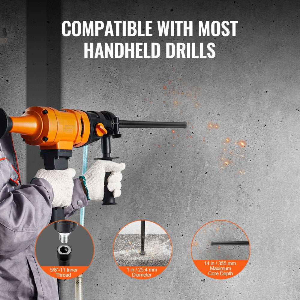 1-inch wet diamond core drill bit with 5/8"-11 thread, shown attached to a handheld drill, with 14-inch depth and 1.75-inch diameter indicators.