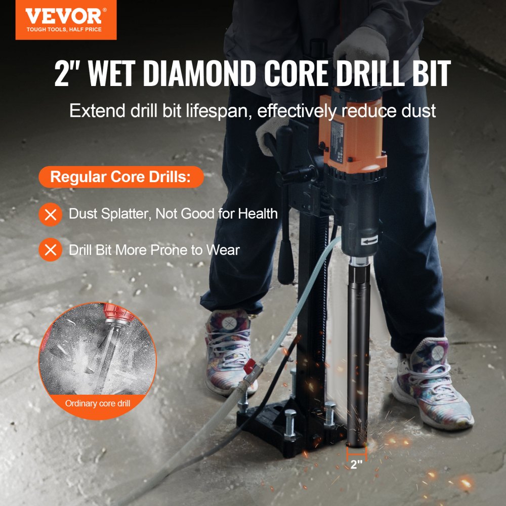 2-inch wet diamond core drill bit with laser-welded segments and 14-inch depth for concrete drilling.