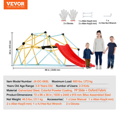 Climbing Dome, for Kids 3 to 9 Years Old, 8FT Geometric Dome Climber with Slide,Jungle Gym Supports 600LBS and Easy Assembly, with Climbing Grip, Outdoor and Indoor Play Equipment for Kids
