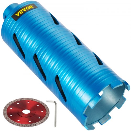 Blue 4 inch diamond core drill bit with red circular blade and hex key for concrete drilling.