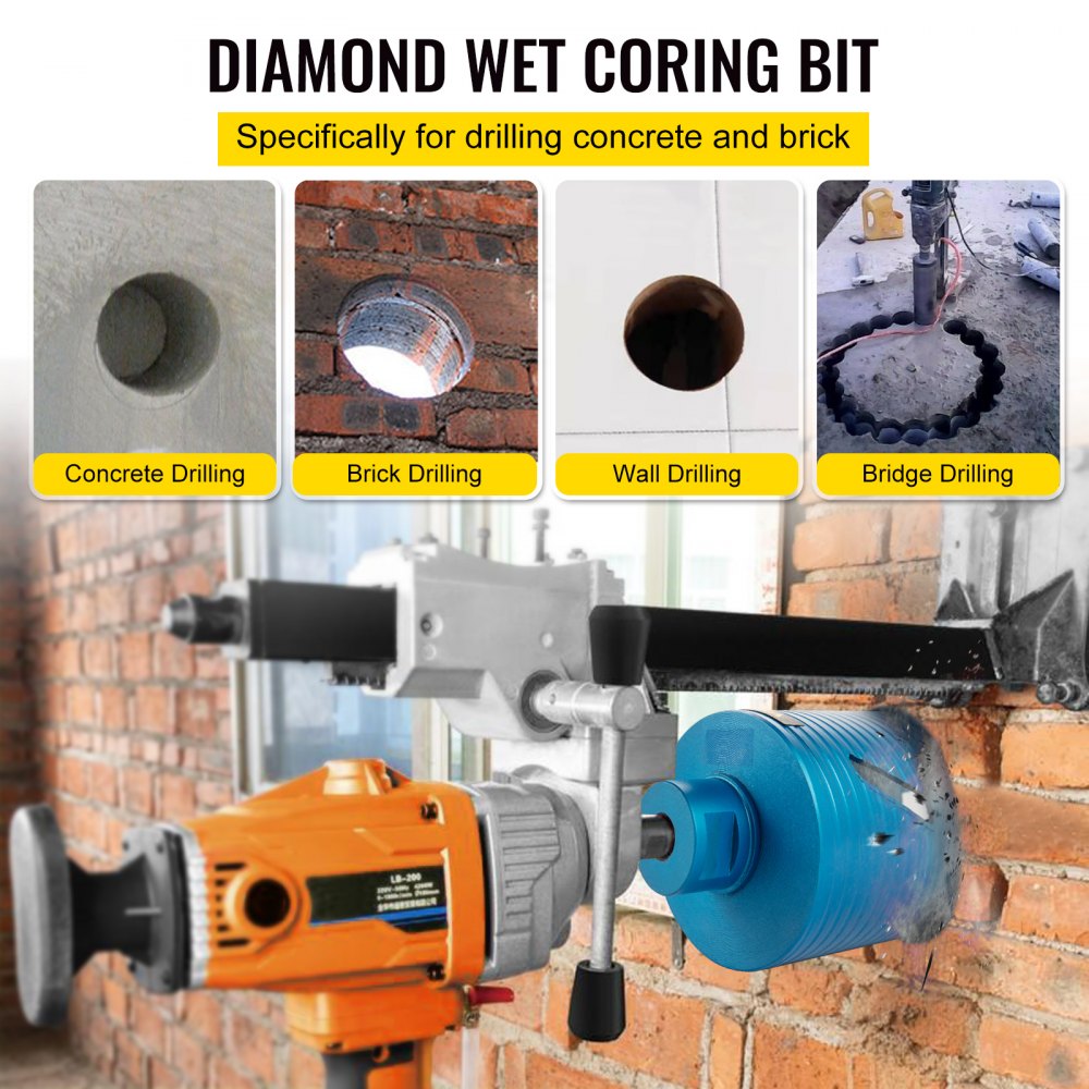Bostome 4-inch diamond core drill bit attached to a drill, cutting a hole in a brick wall.