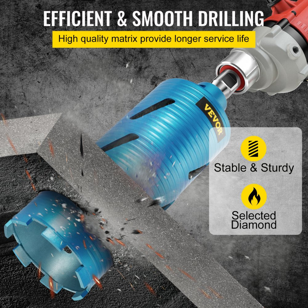 Blue 4-inch diamond core drill bit attached to a red drill, cutting through concrete.