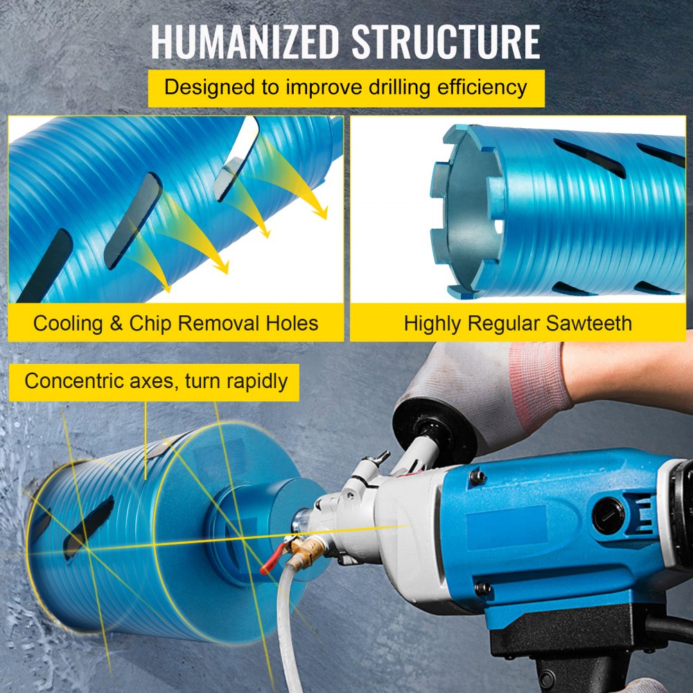 Blue diamond core drill bit with cooling holes and sawtooth edges for concrete drilling.