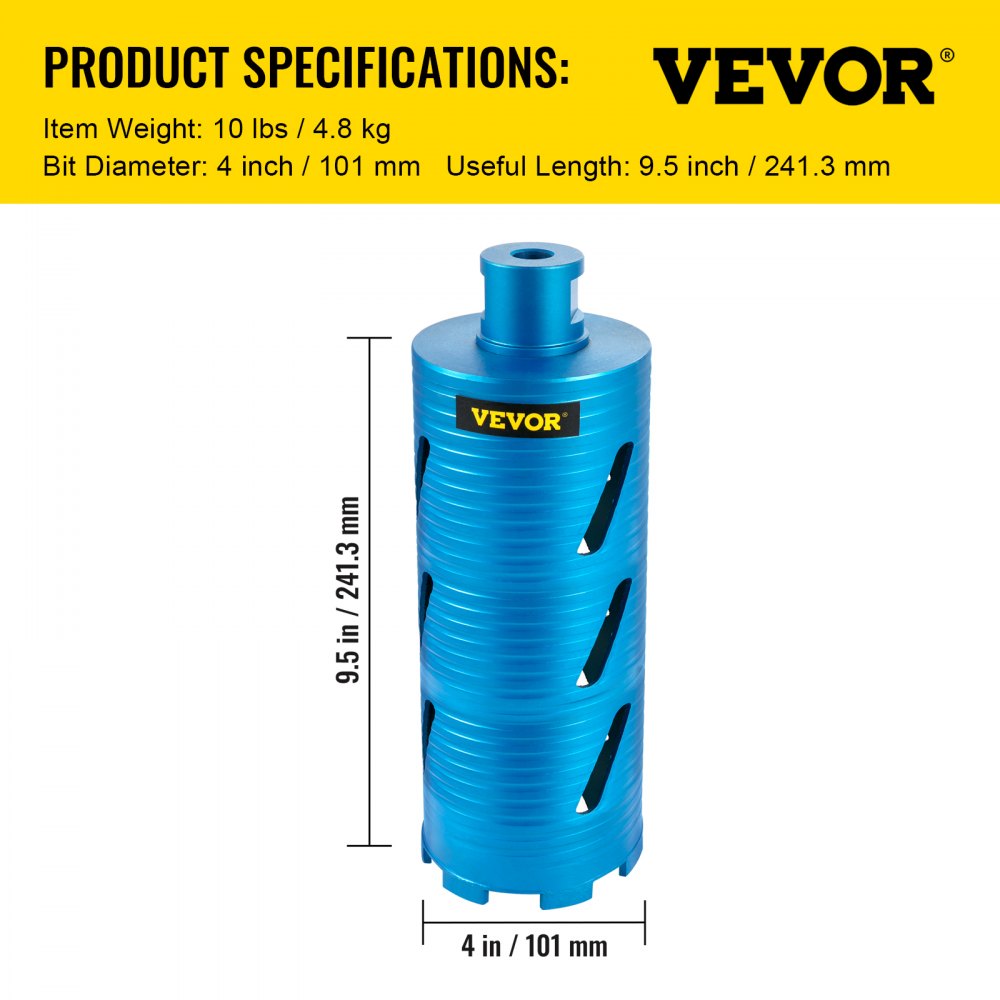 Blue 4-inch diamond core drill bit for wet or dry concrete drilling, 9.5 inches long.