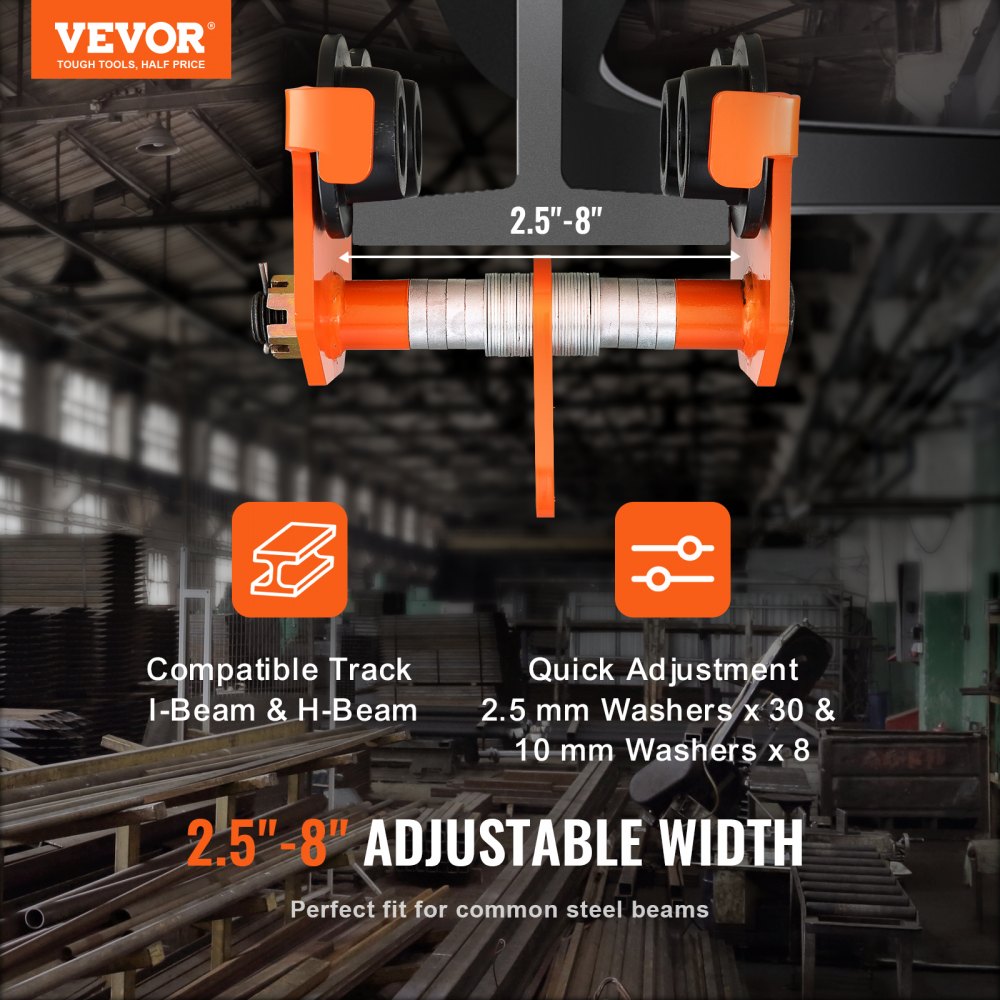 Manual Trolley, 4400 lbs/2 Ton Load Capacity, Push Beam Trolley with Dual Wheels, Adjustable for I-Beam Flange Width 2.5" to 8", Heavy Duty Alloy Steel Garage Hoist for Straight Curved I Beam