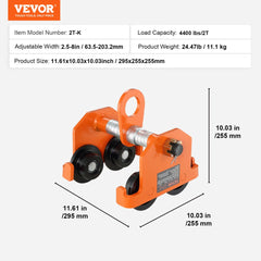 Manual Trolley, 4400 lbs/2 Ton Load Capacity, Push Beam Trolley with Dual Wheels, Adjustable for I-Beam Flange Width 2.5" to 8", Heavy Duty Alloy Steel Garage Hoist for Straight Curved I Beam