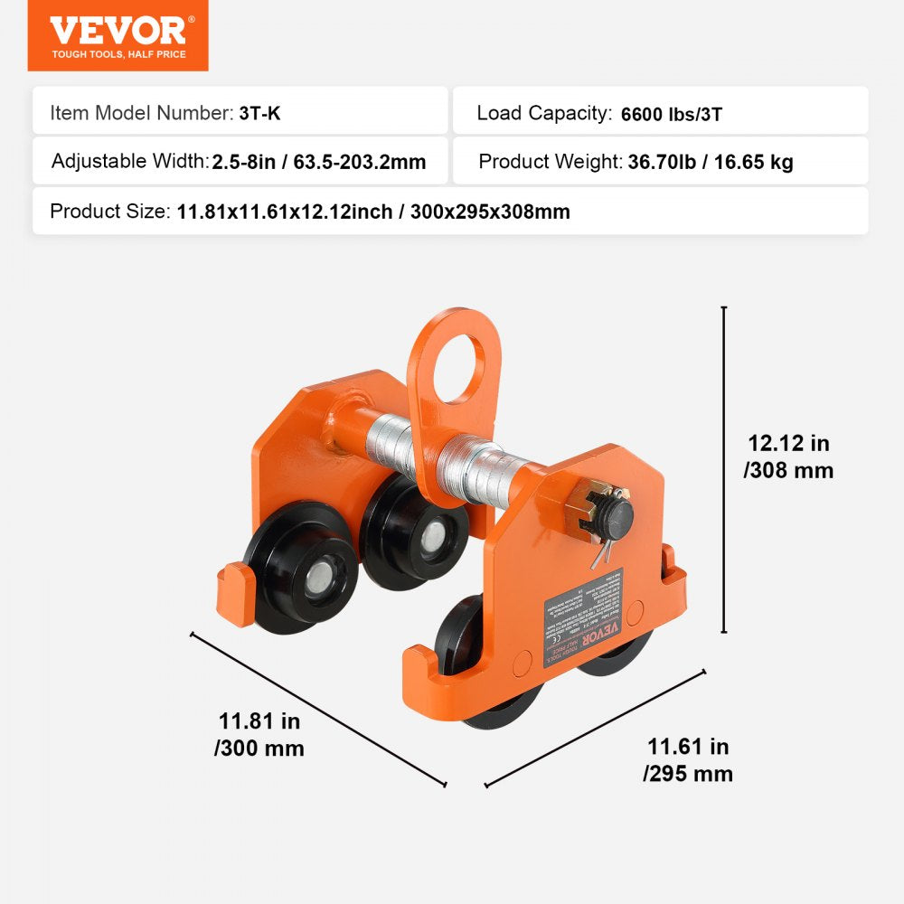Manual Trolley, 6600 lbs/3 Ton Load Capacity, Push Beam Trolley with Dual Wheels, Adjustable for I-Beam Flange Width 2.5" to 8", Heavy Duty Alloy Steel Garage Hoist for Straight Curved I Beam