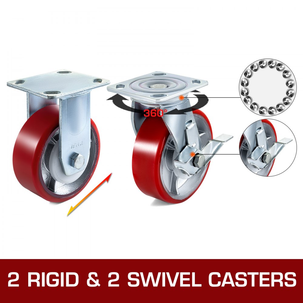 4 Pack 6 x 2 Inch Caster Wheels 2 Rigid and 2 Swivel Casters with Side Brake Polyurethane Iron Core Plate 1000LBS Capacity Per Wheel