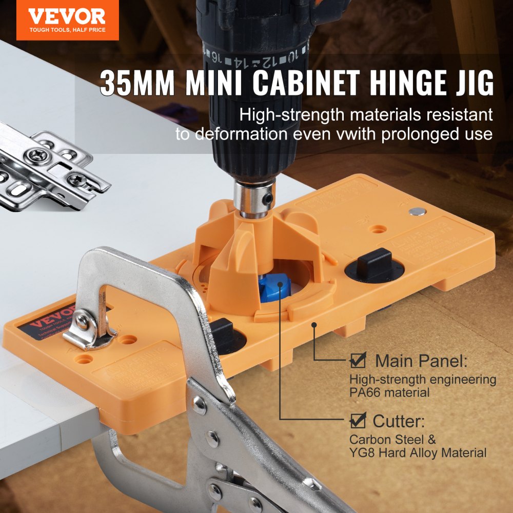 Bostome concealed hinge jig with adjustable dial and durable construction for cabinet door drilling.