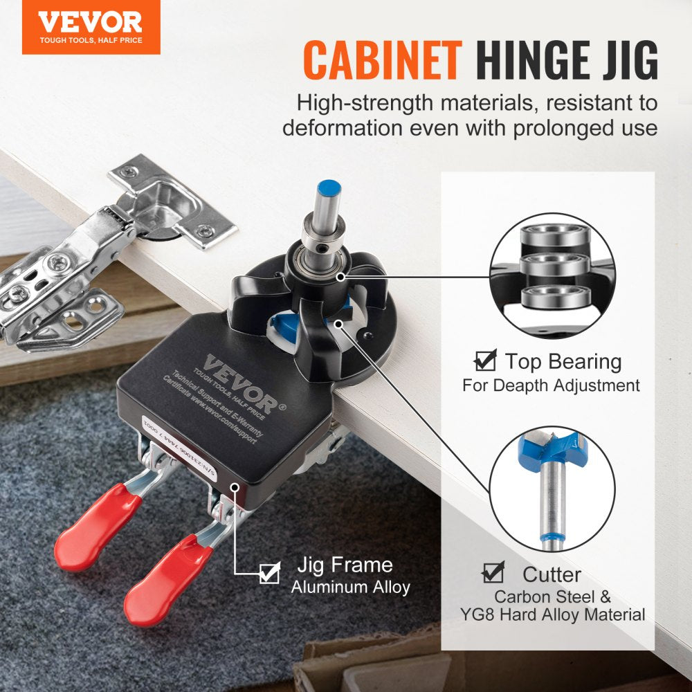 Aluminum alloy hinge jig with dual clamps for precise drilling of 35mm concealed hinges.