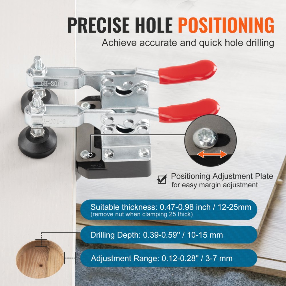 Aluminum alloy hinge jig with dual clamps for precise drilling and adjustable positioning.