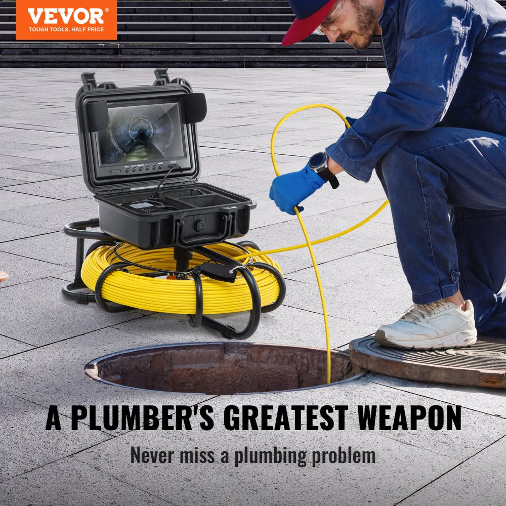 Man in blue uniform using Bostome sewer inspection camera with 9-inch screen and 300ft yellow cable at a manhole.