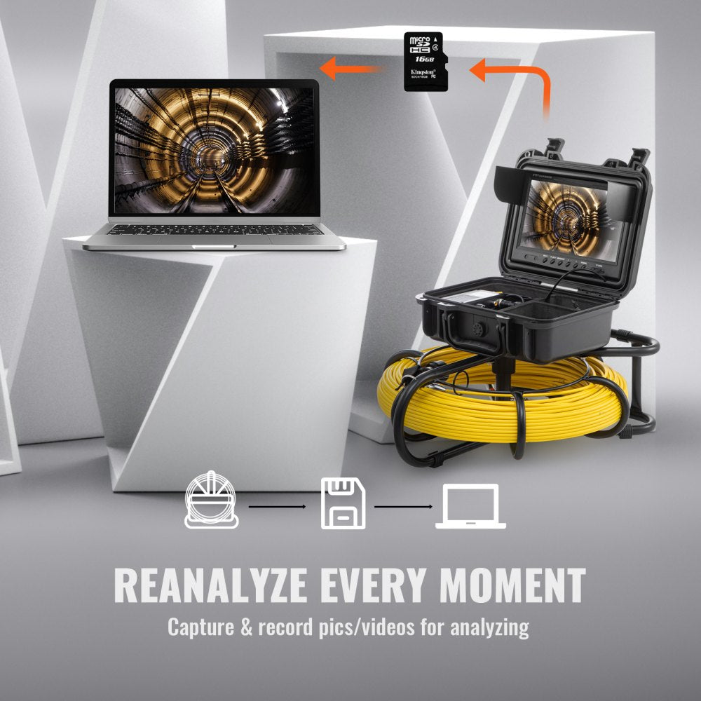 Bostome sewer pipe inspection camera with 9-inch 720p screen, 300ft cable, DVR, and SD card.