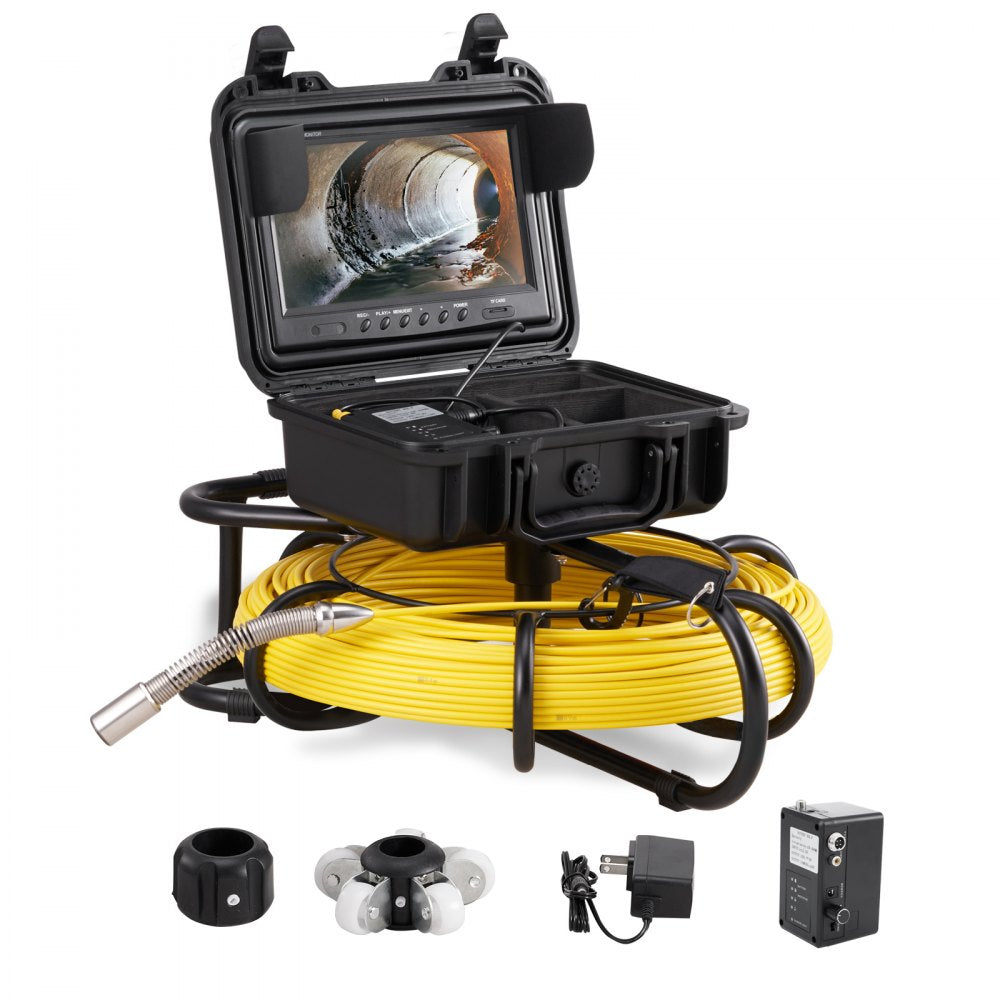 Bostome sewer pipe inspection camera with 9-inch 720p screen and 300ft yellow cable in black case.
