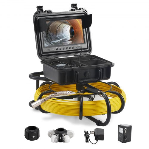 Portable sewer inspection camera with 9-inch screen, 230ft yellow cable, and accessories in a black case.