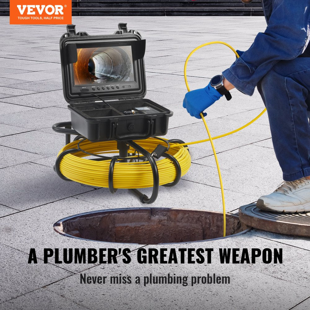 Bostome 230ft sewer inspection camera with 9-inch IP68 screen, DVR, 12 LEDs, and semi-rigid cable.