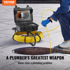 Bostome 230ft sewer inspection camera with 9-inch IP68 screen, DVR, 12 LEDs, and semi-rigid cable.