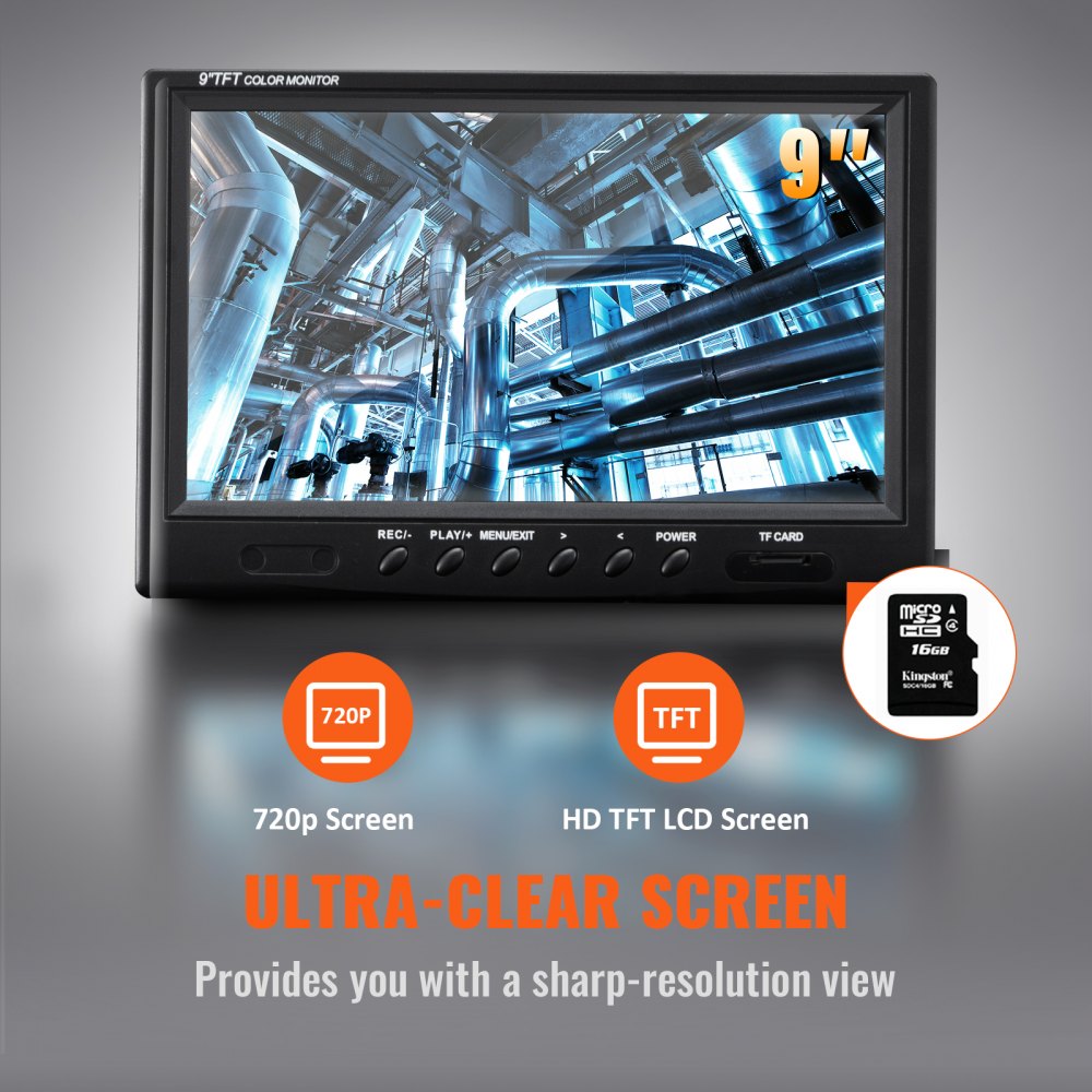 9-inch IP68 screen sewer inspection camera with 720p display, 230ft cable, DVR, and 12 LEDs.