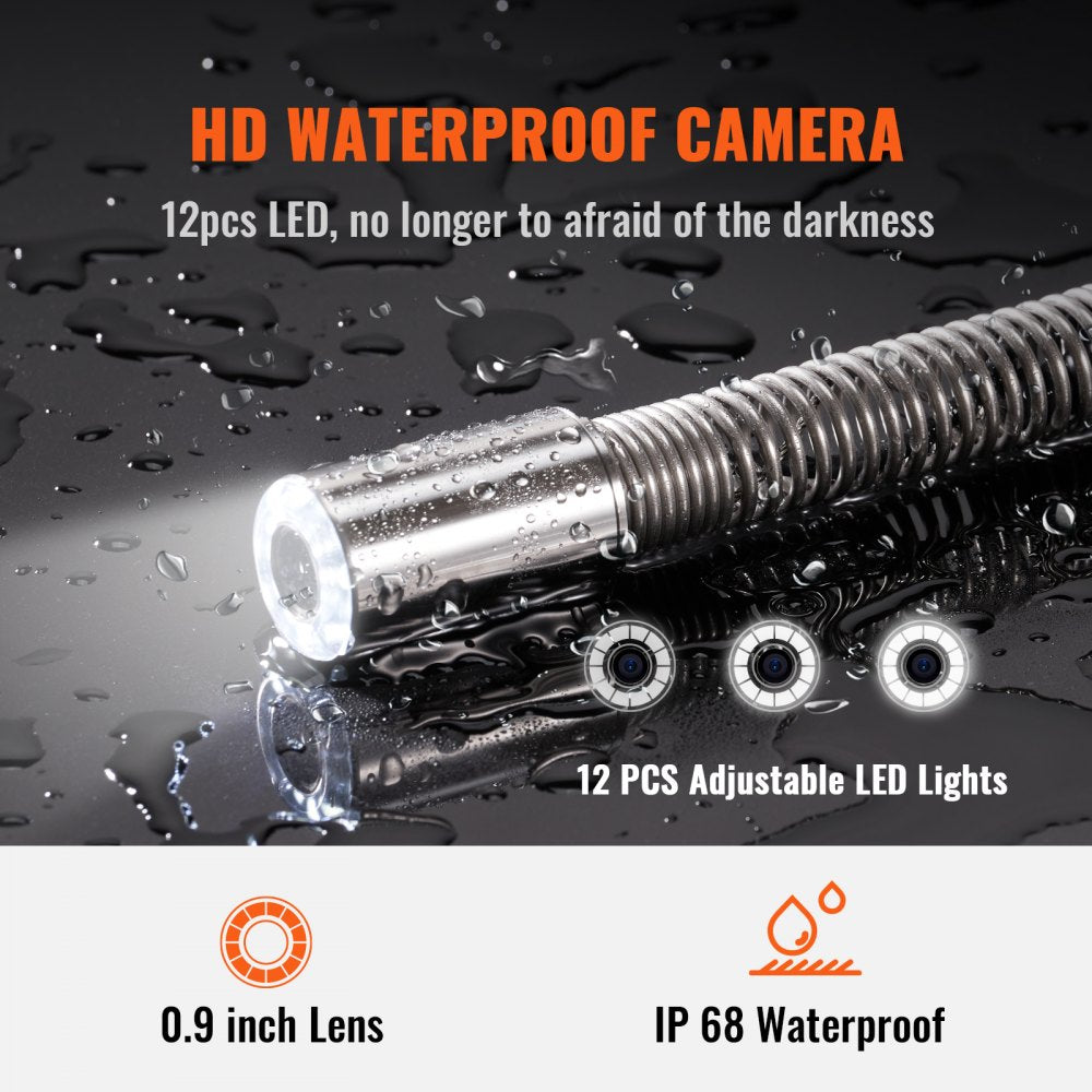 Bostome 230ft sewer inspection camera with 9-inch IP68 screen, DVR, and 12 LEDs.