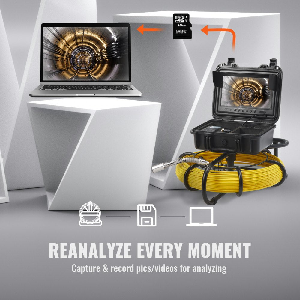 Bostome 230ft sewer inspection camera with 9-inch IP68 screen, DVR, 12 LEDs, and semi-rigid cable.