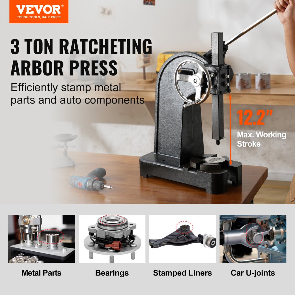 Arbor Press, 3 Ton Ratchet Type Arbor Press, Ratchet Leverage Arbor Press with Handwheel, 12.2" Maximum Height, Cast Iron Manual Desktop Punch Press, for Stamping, Bending, Stretching, Forming