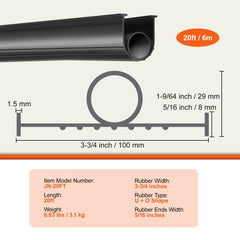 Garage Door Seals Bottom Rubber, U Shape +O Ring Combination Garage Door Bottom Weather Seal, 20ft Weatherproofing Garage Door Seal, 5/16 inch T-ends and 3 3/4 inch Width, for Doors, Black