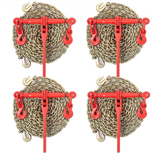 Chain Load Binder, 5/16" Tie Down Kit w/ 6600LBS Working Load Capacity and Two Grab Hooks, Includes (4) Ratchet Binders - (4) 21` Grade 80 Chains, Transport Load Package for Hauling, Towing
