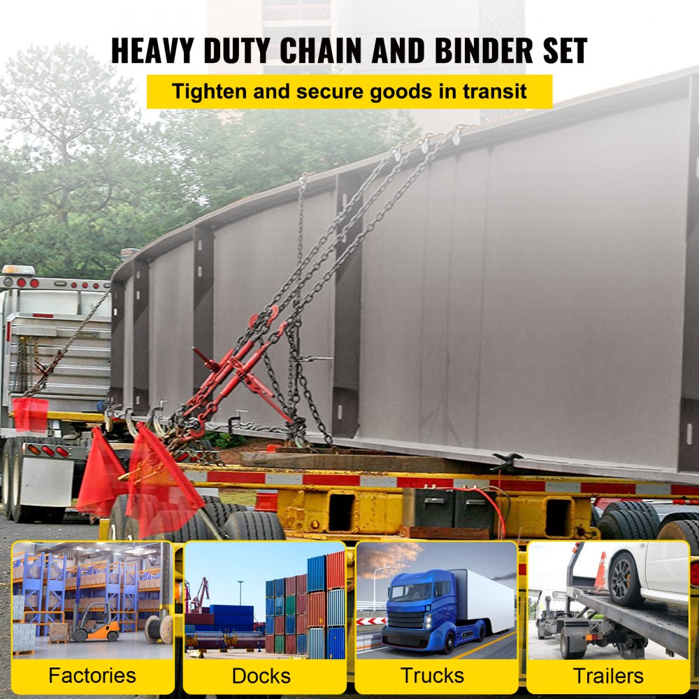 Chain Load Binder, 5/16" Tie Down Kit w/ 6600LBS Working Load Capacity and Two Grab Hooks, Includes (4) Ratchet Binders - (4) 21` Grade 80 Chains, Transport Load Package for Hauling, Towing