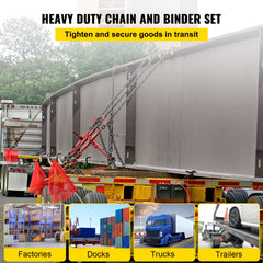Chain Load Binder, 5/16" Tie Down Kit w/ 6600LBS Working Load Capacity and Two Grab Hooks, Includes (4) Ratchet Binders - (4) 21` Grade 80 Chains, Transport Load Package for Hauling, Towing