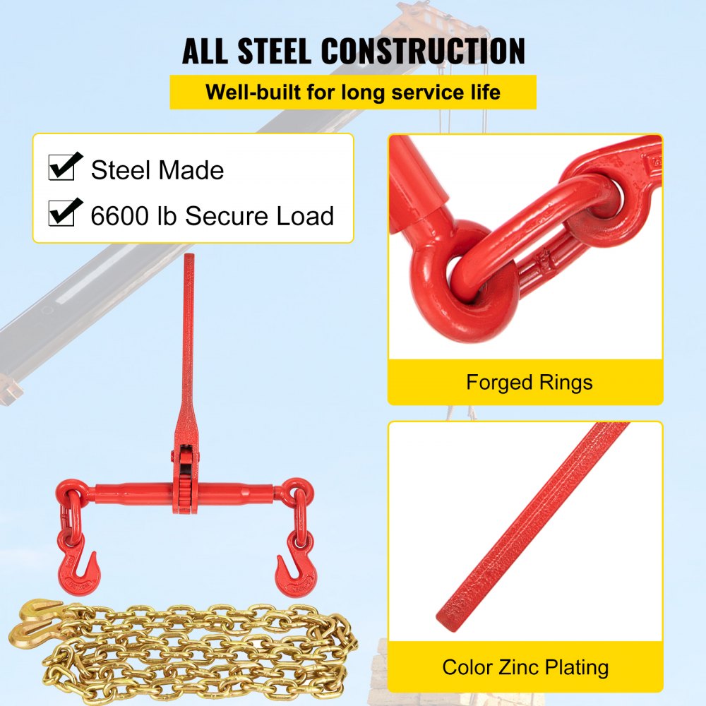 Chain Load Binder, 5/16" Tie Down Kit w/ 6600LBS Working Load Capacity and Two Grab Hooks, Includes (4) Ratchet Binders - (4) 21` Grade 80 Chains, Transport Load Package for Hauling, Towing